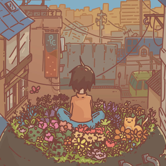 Illustration of a person sitting on a rooftop with plants and a cat, looking over a cityscape.
