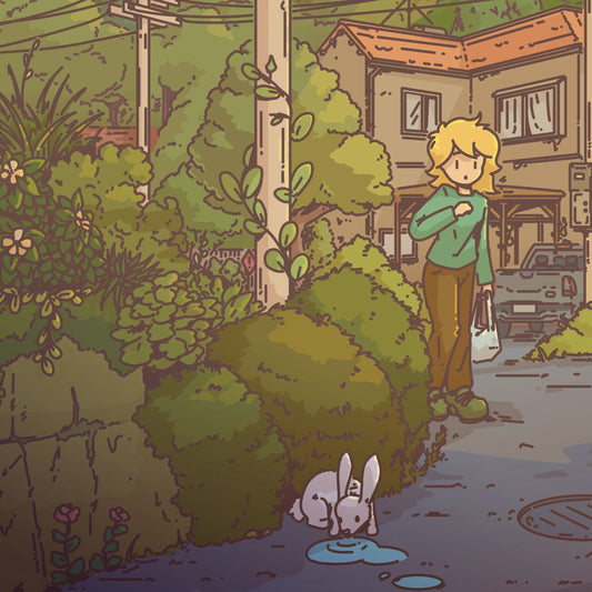 Illustration of a person standing next to a rabbit near a bush in an rural setting