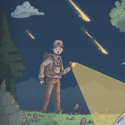 Person with a flashlight in a forest at night with meteors falling