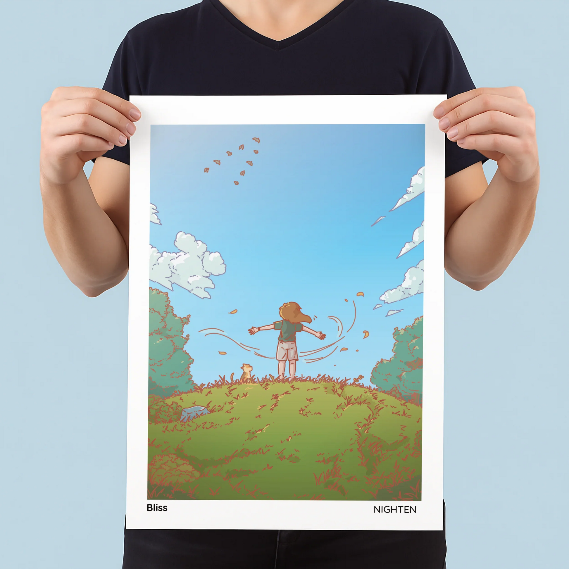 Person holding a poster of a person on a hill with trees and a cat, against a light blue background.