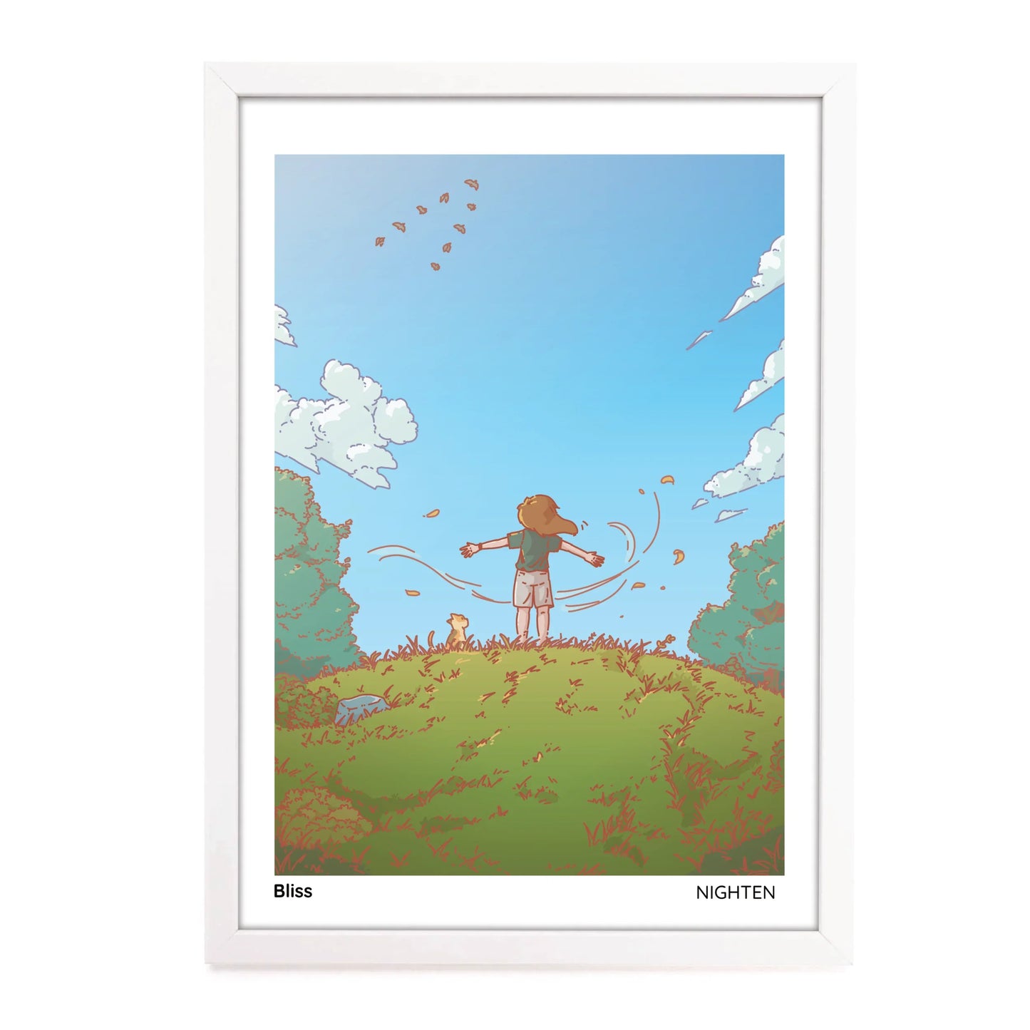 Illustration of a person and cat standing on top of a hill, with a blue sky and clouds.