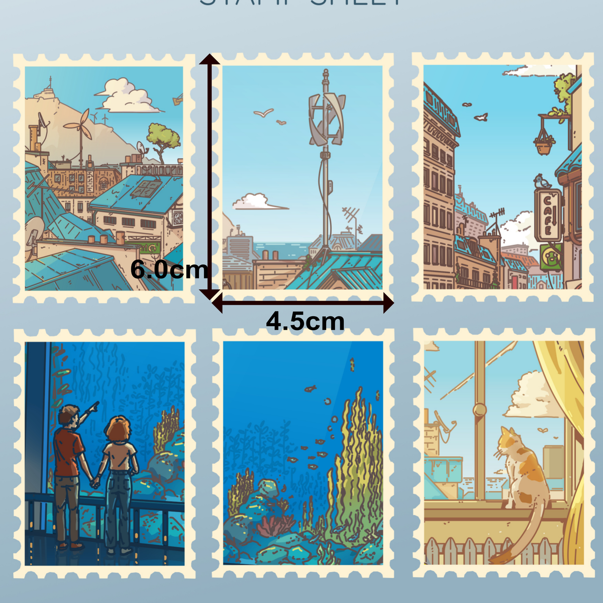 Blue Roof City - x6 Sticker Stamp Sheet