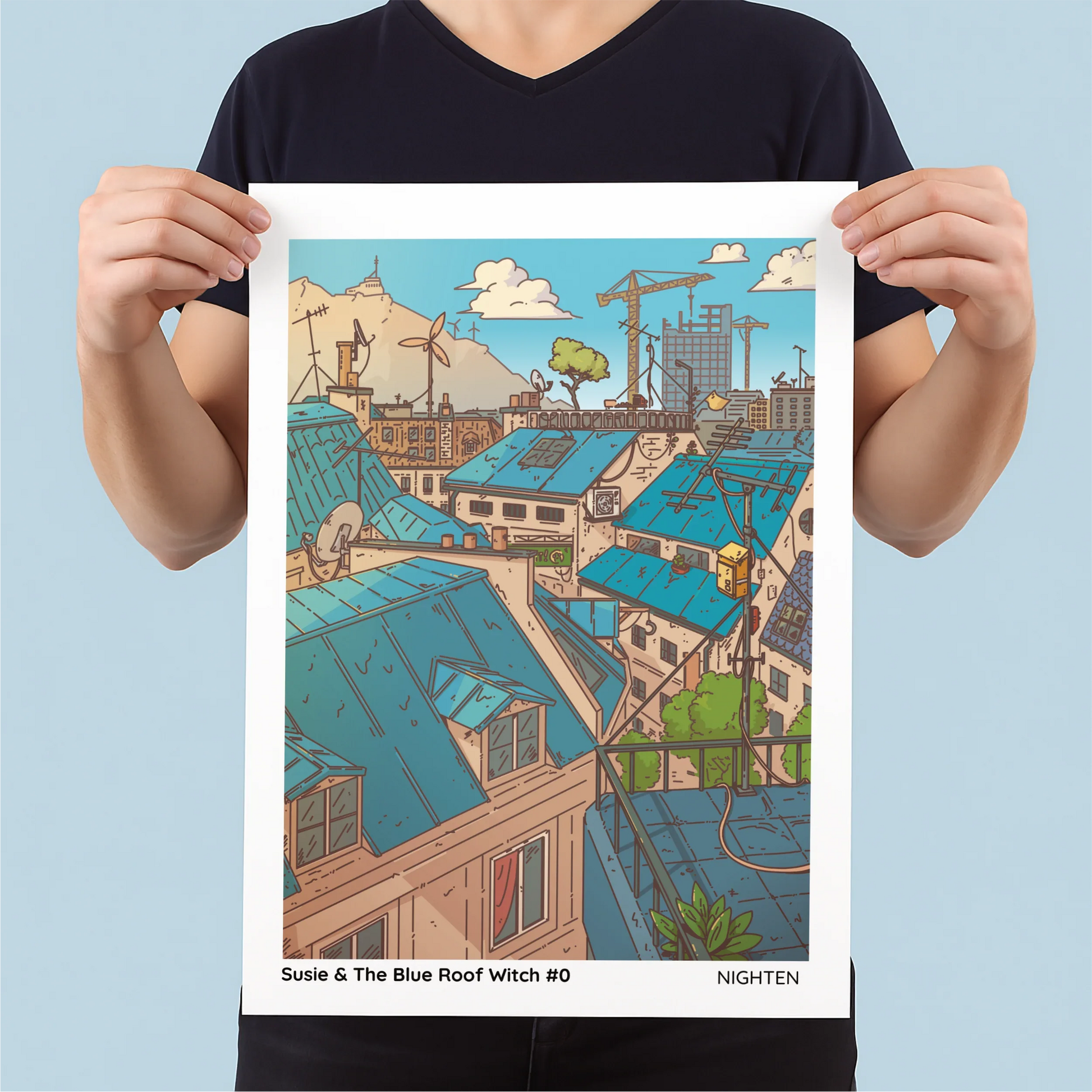 Person holding a poster of a cityscape with blue roofs against a light blue background