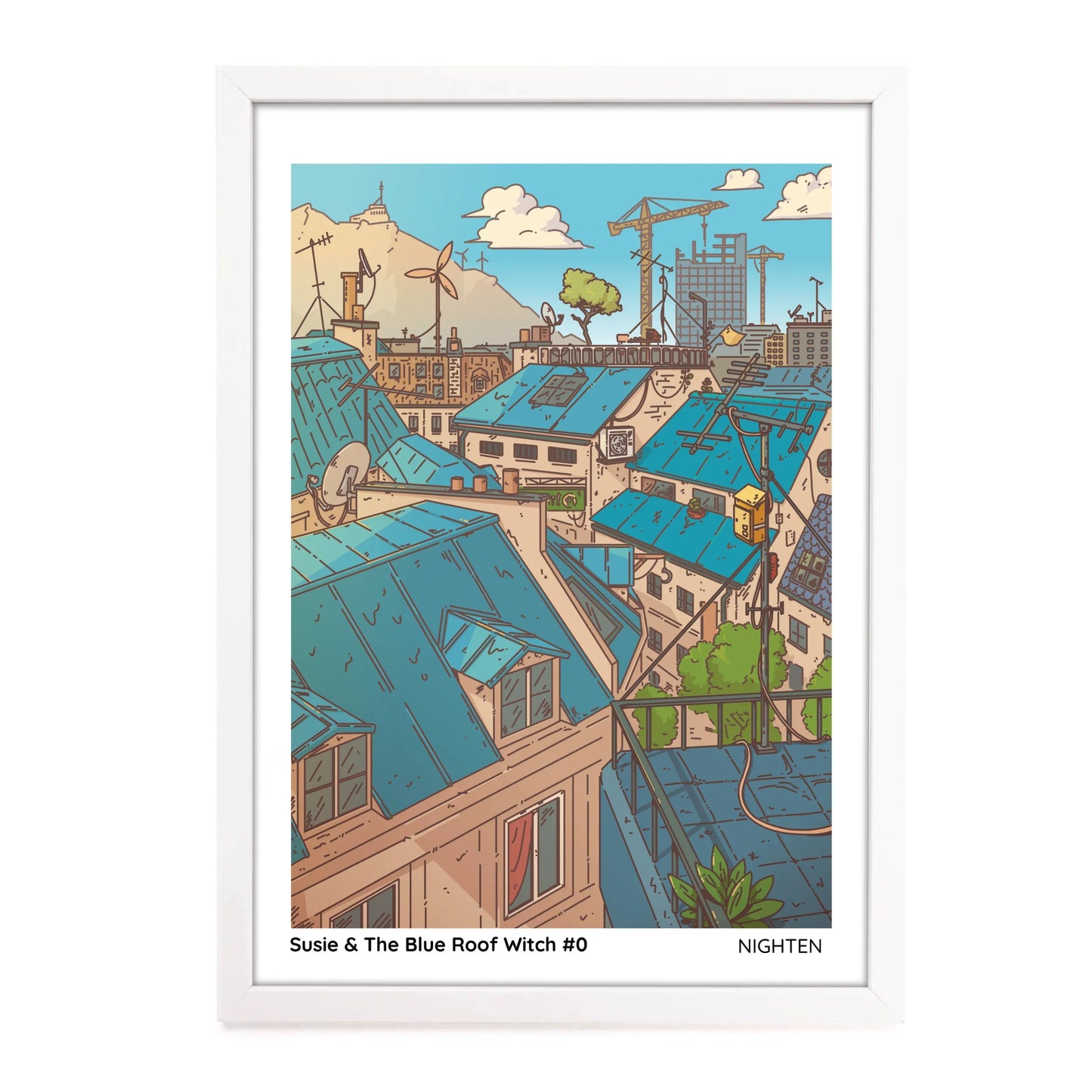 Illustration of a cityscape with blue roofs and construction cranes, framed with a white border.