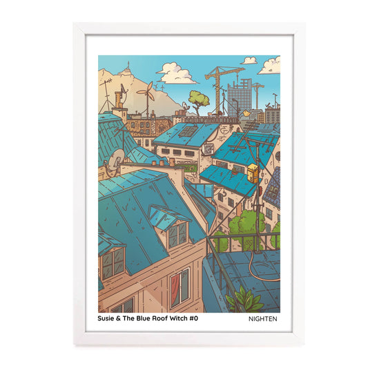 Illustration of a cityscape with blue roofs and construction cranes, framed with a white border.