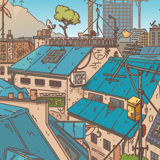 Illustration of rooftops with solar panels and antennas in an urban setting