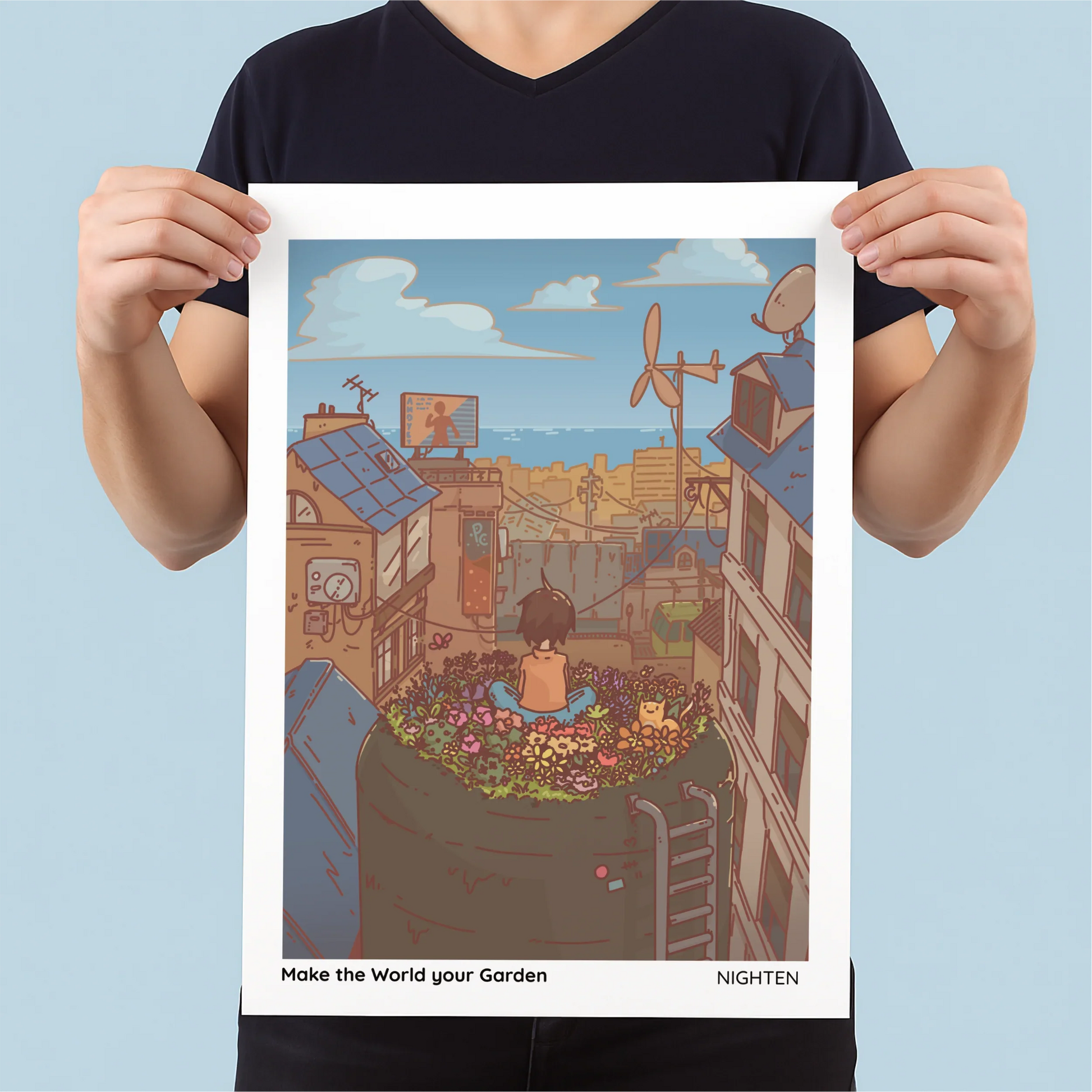 Person holding a poster with an illustration of a rooftop garden and 'Make the World your Garden' text.