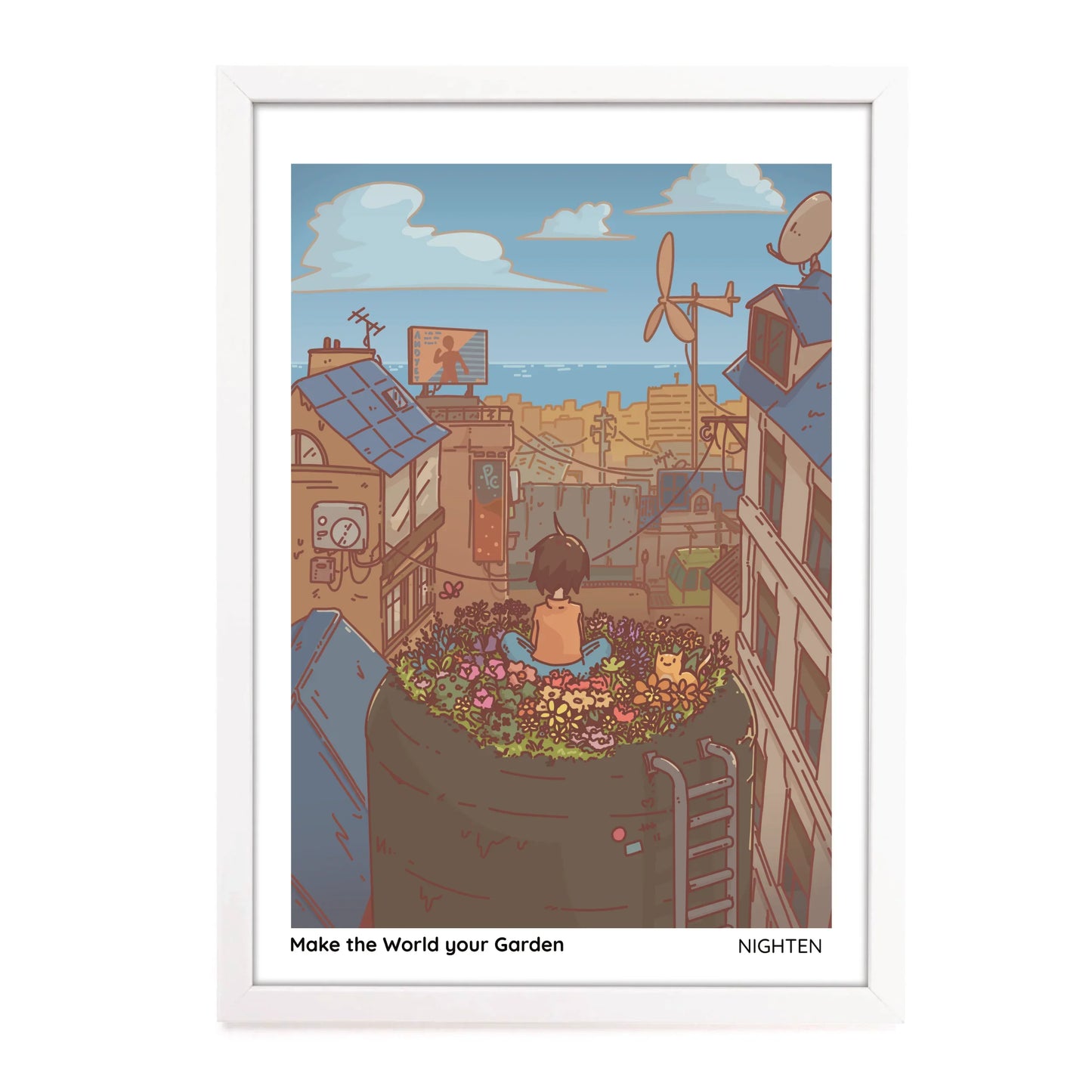 Illustration of a child sitting on a barrel with flowers, surrounded by rooftops and antennas, framed with 'NIGHTEN' branding.