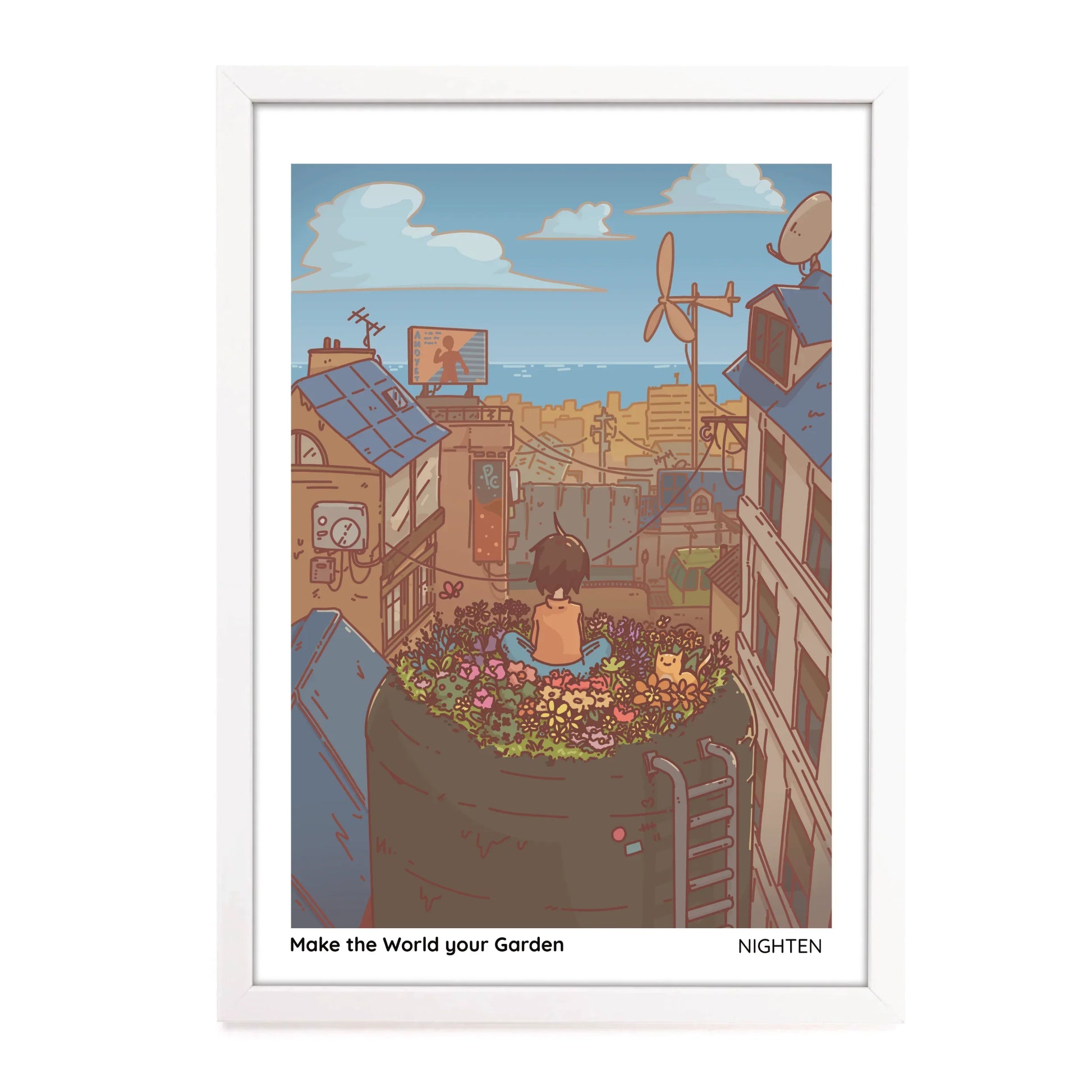 Illustration of a child sitting on a barrel with flowers, surrounded by rooftops and antennas, framed with 'NIGHTEN' branding.