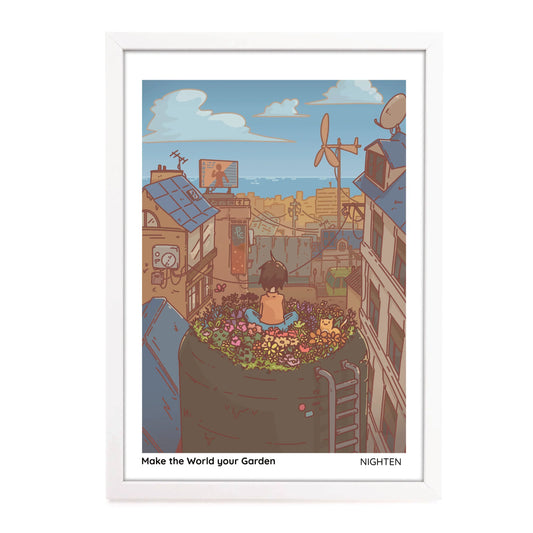 Illustration of a child sitting on a barrel with flowers, surrounded by rooftops and antennas, framed with 'NIGHTEN' branding.