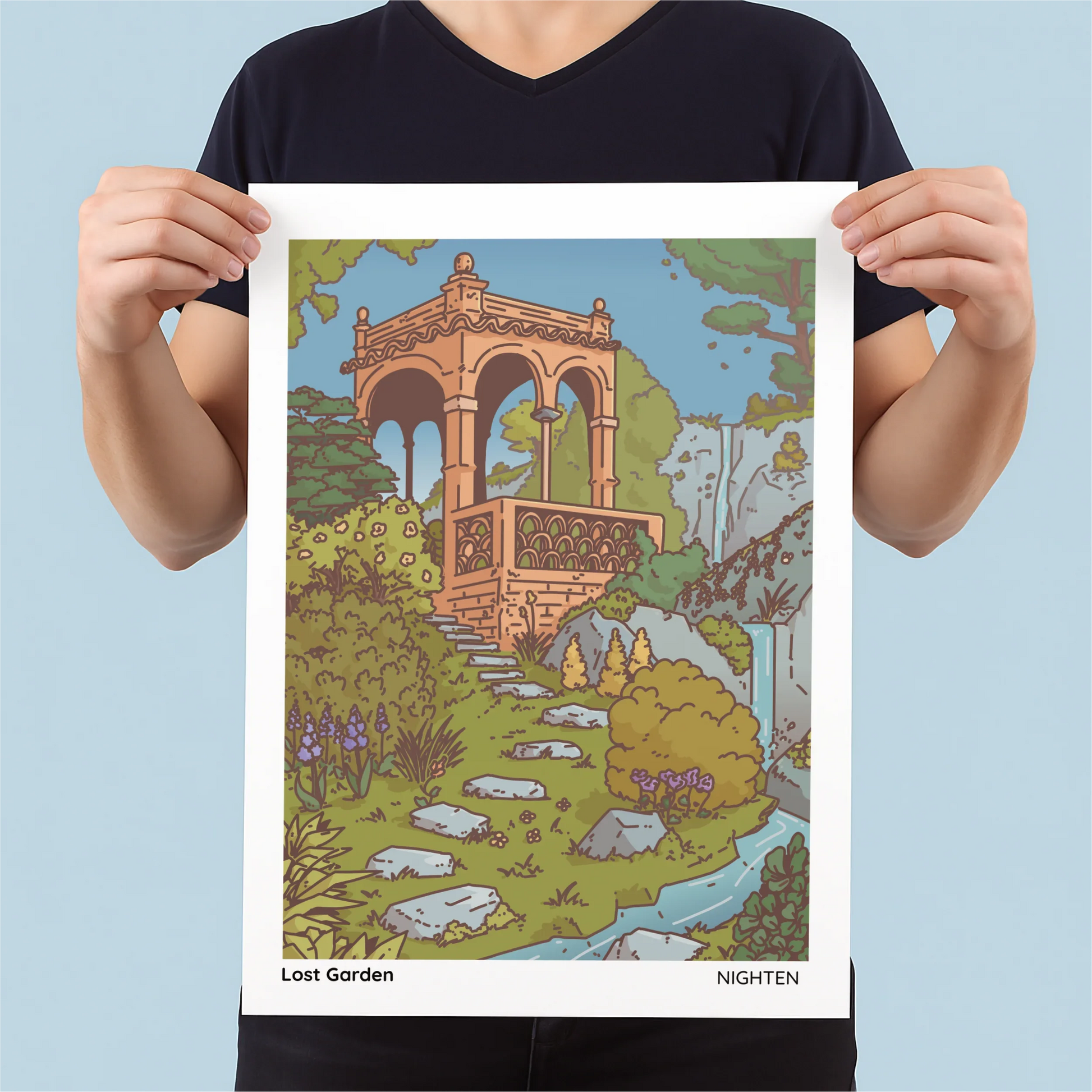 Person holding a poster of a garden scene with an abandoned temple.