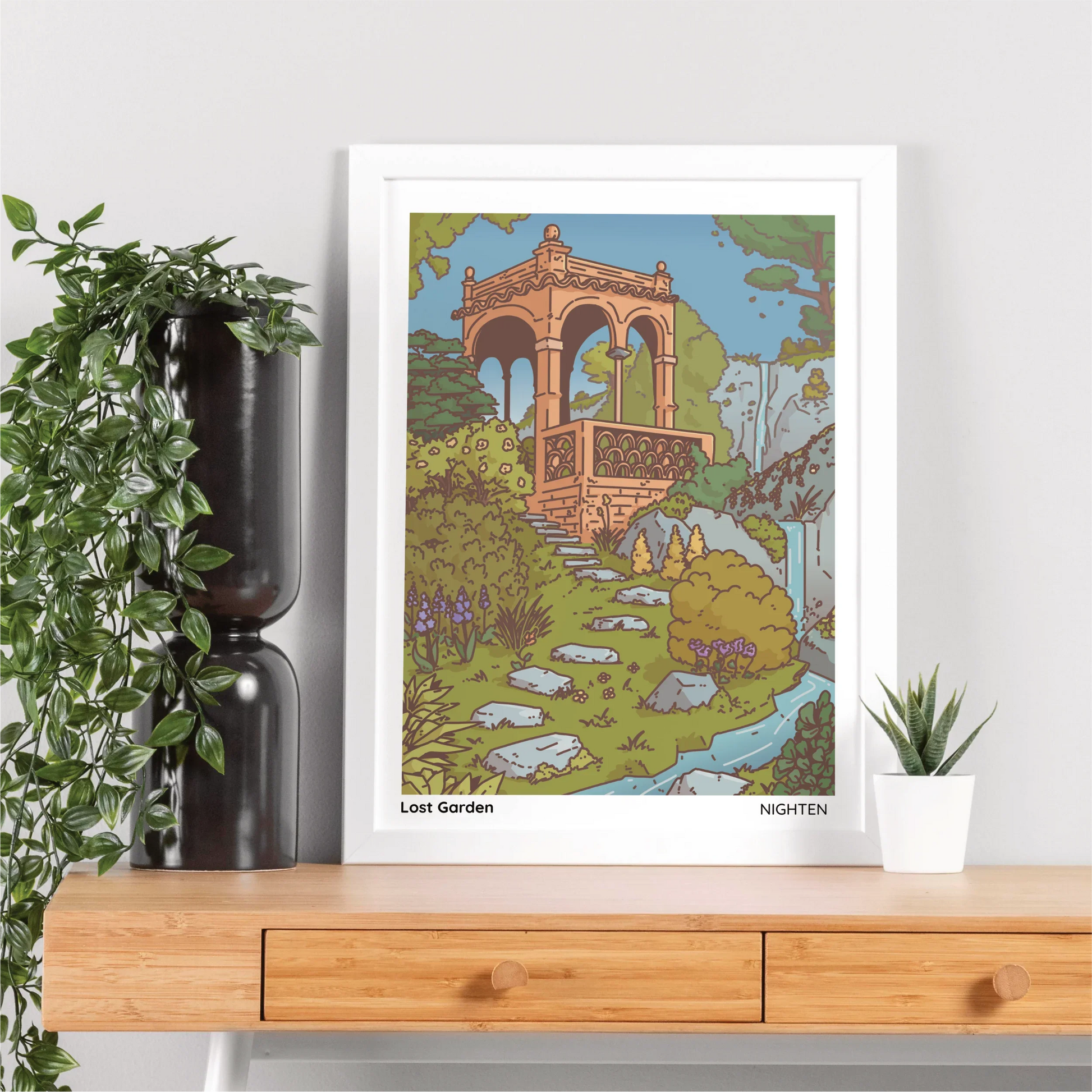 Framed illustration of a garden scene on a wooden surface with plants.