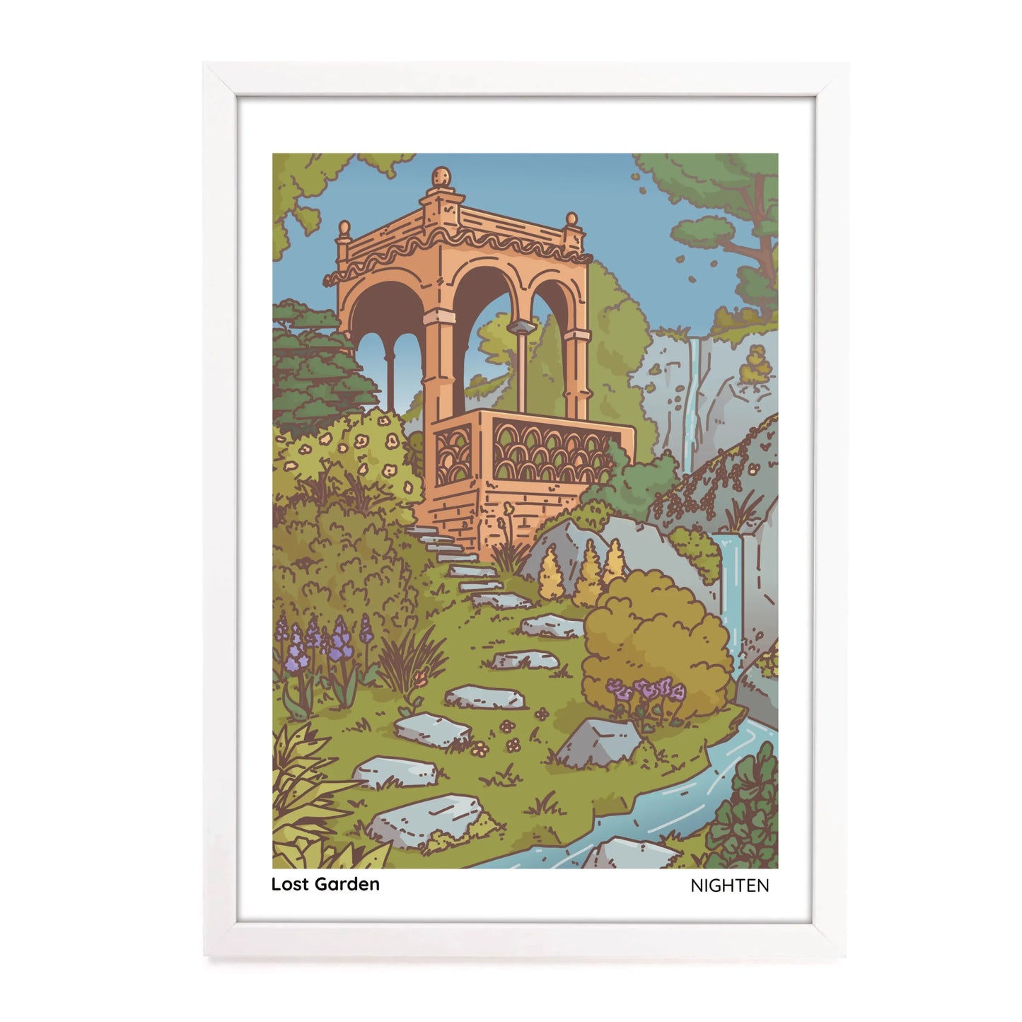 Illustration of a garden scene with a gazebo, trees, and rocks on a white background.