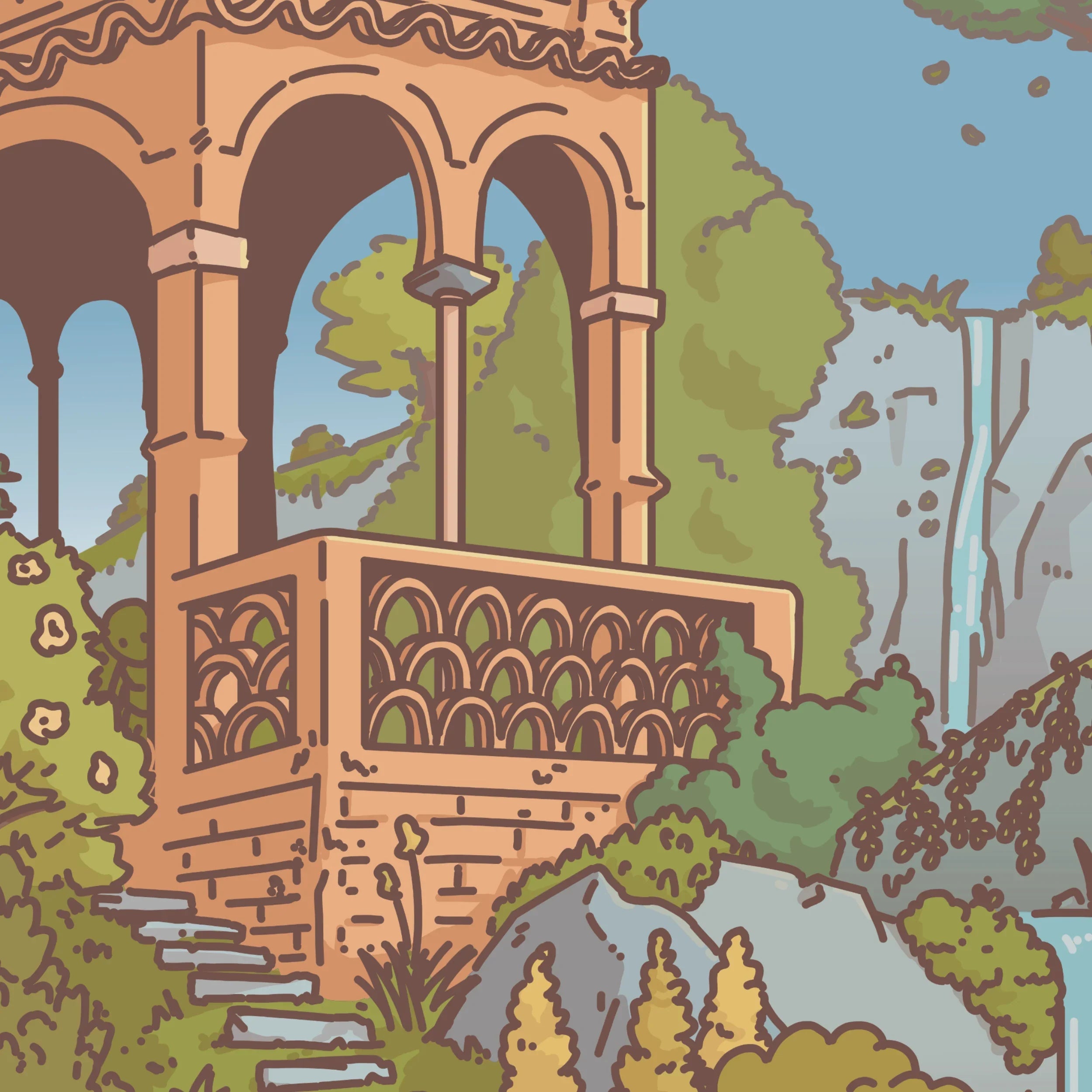 Illustration of a traditional architectural structure with arched windows and decorative elements, surrounded by greenery and waterfalls.