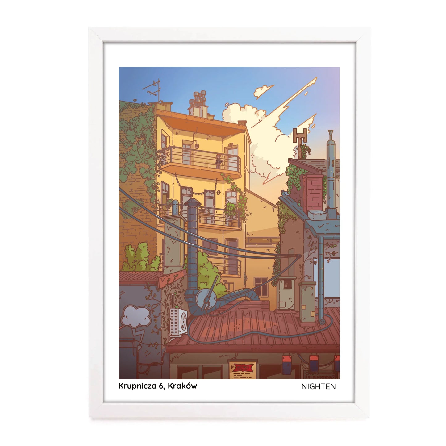 Illustration of a cityscape with buildings and a character on a rooftop, framed with a white border.