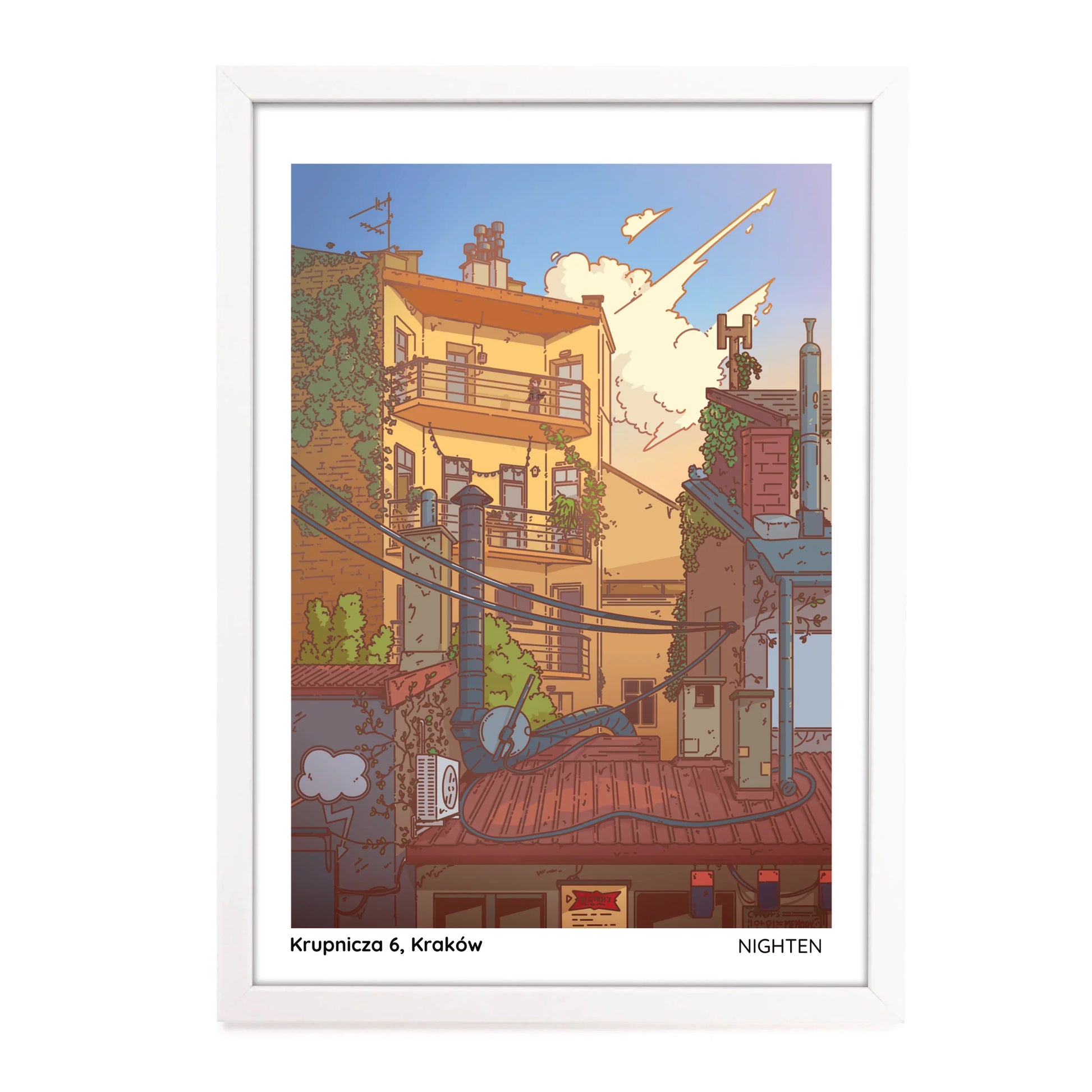 Illustration of a cityscape with buildings and a character on a rooftop, framed with a white border.