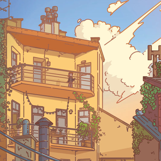 Illustration of a yellow building with balconies and a character on a rooftop.