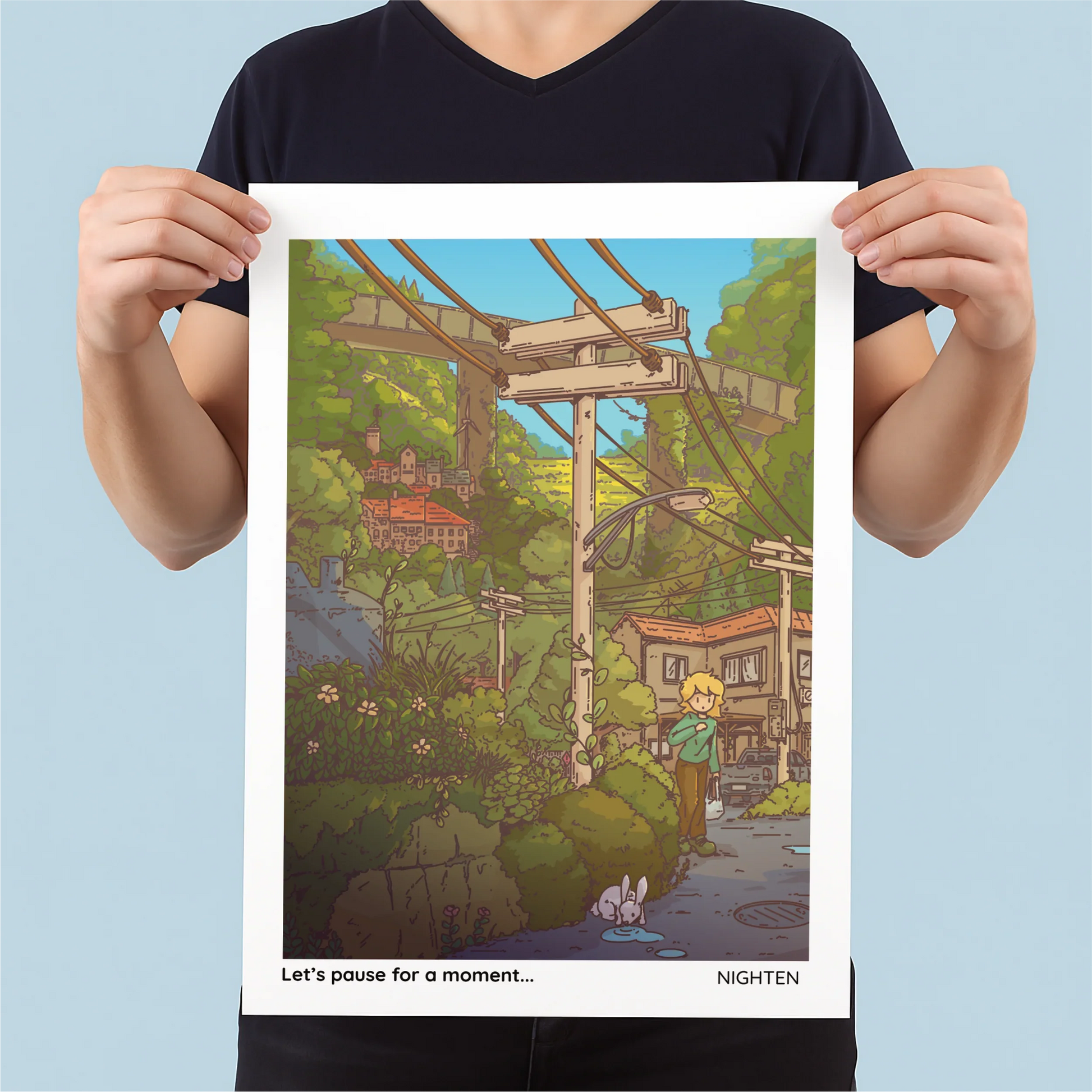 Person holding a poster of a scenic illustration with a character and text.