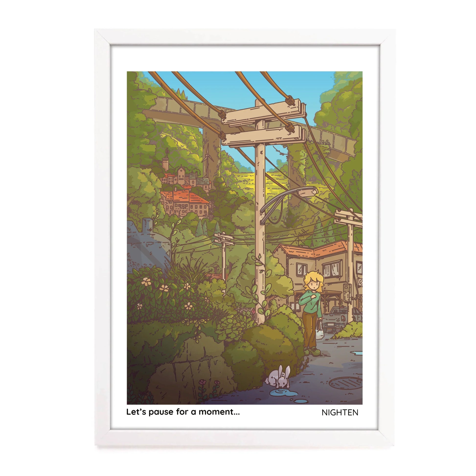 Illustration of a person standing near a power line with greenery and buildings in the background.