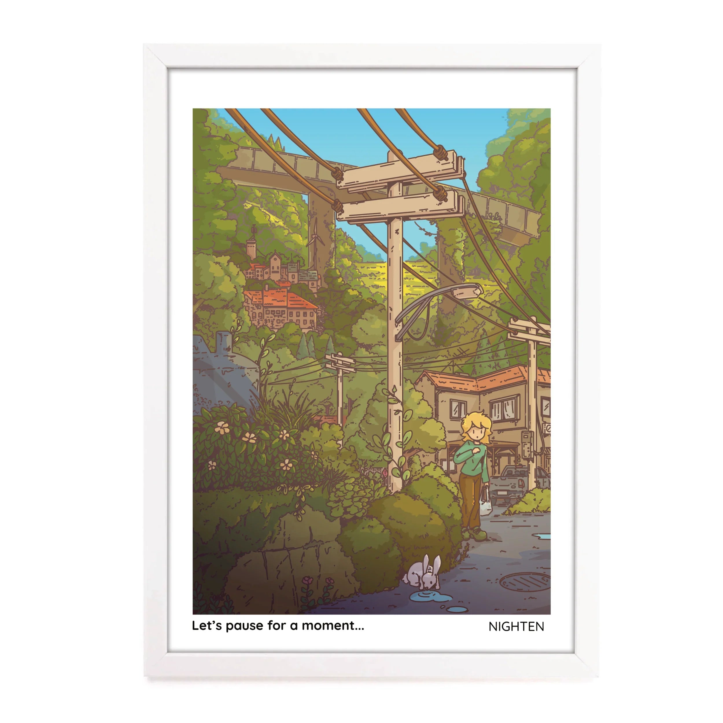 Illustration of a person standing near a power line with greenery and buildings in the background.