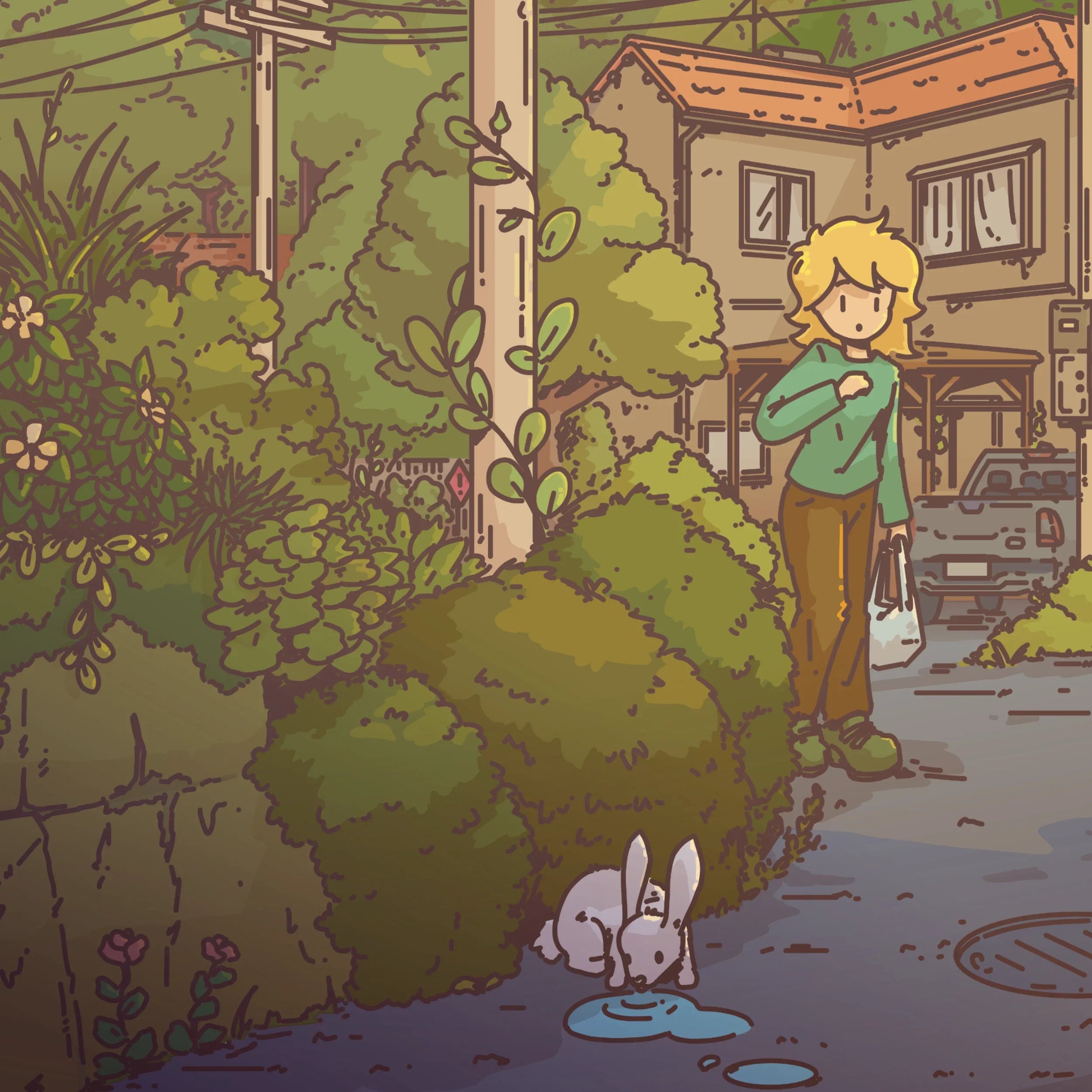 Illustration of a person standing next to a rabbit near a bush in an rural setting