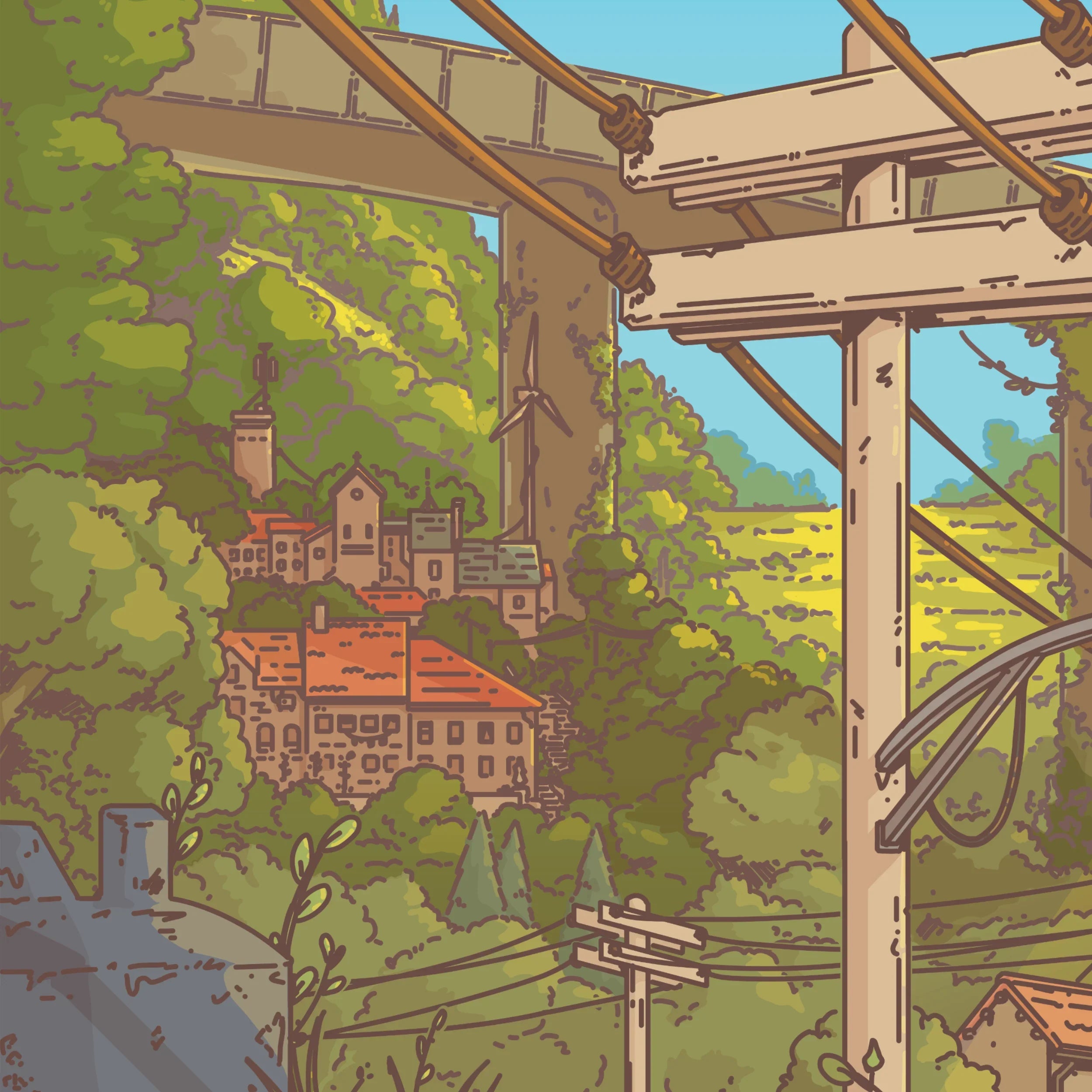 Cartoon-style illustration of a village nestled among trees with a bridge in the foreground.