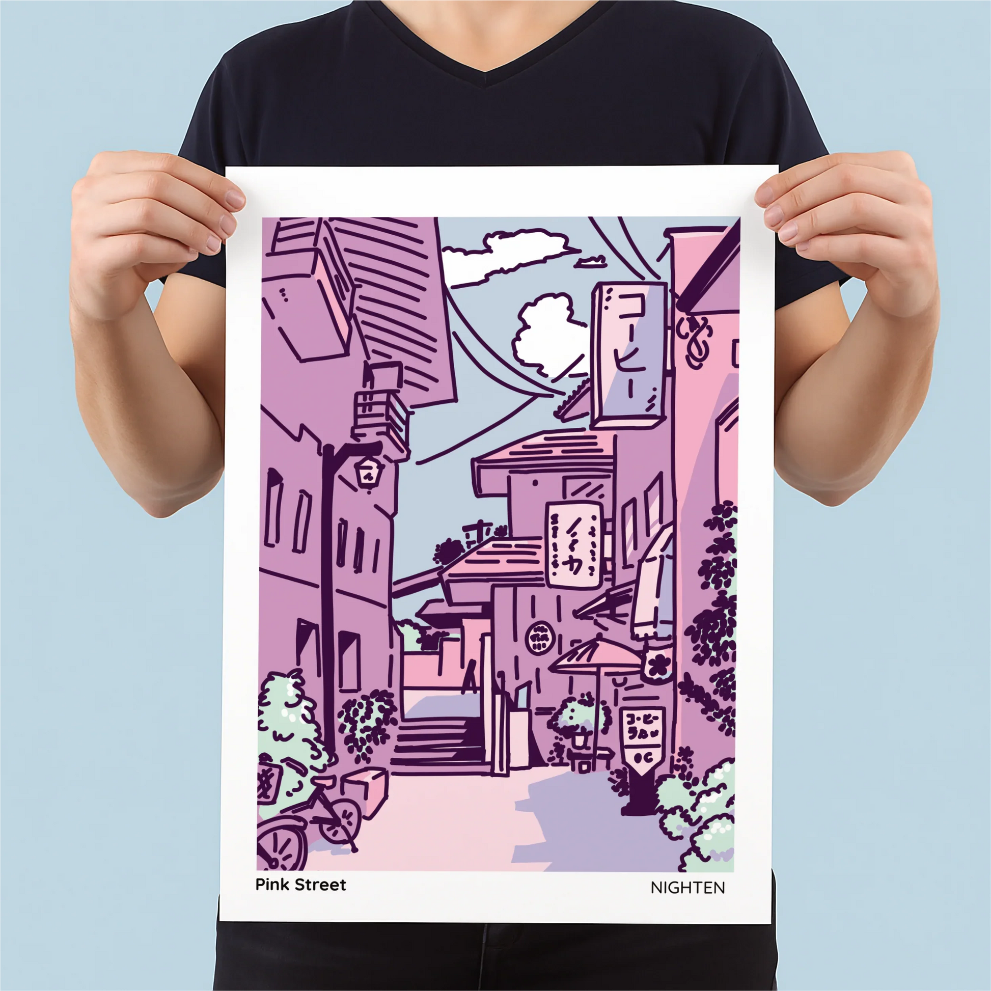 Person holding a poster of a stylized cityscape with 'Pink Street' and 'NIGHTEN' text.