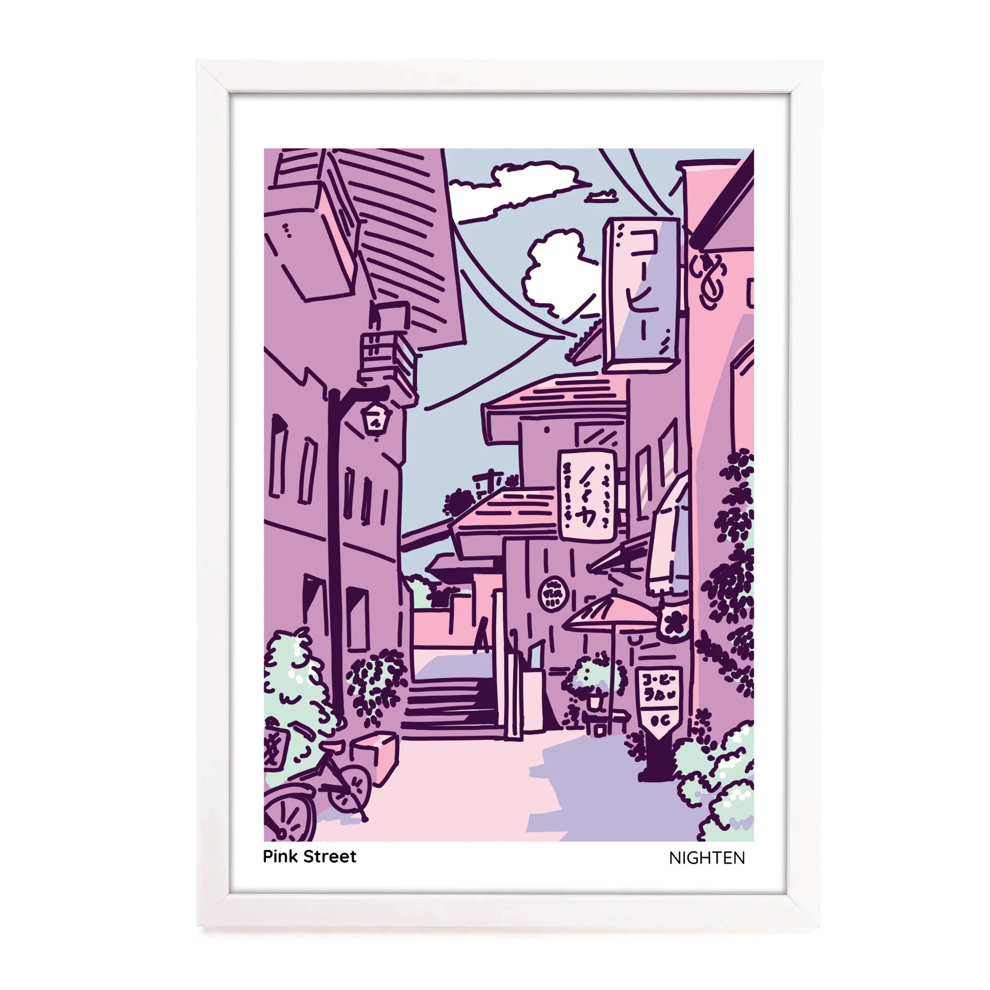 Illustration of a street scene with buildings and a bicycle, colored in pink and purple tones.