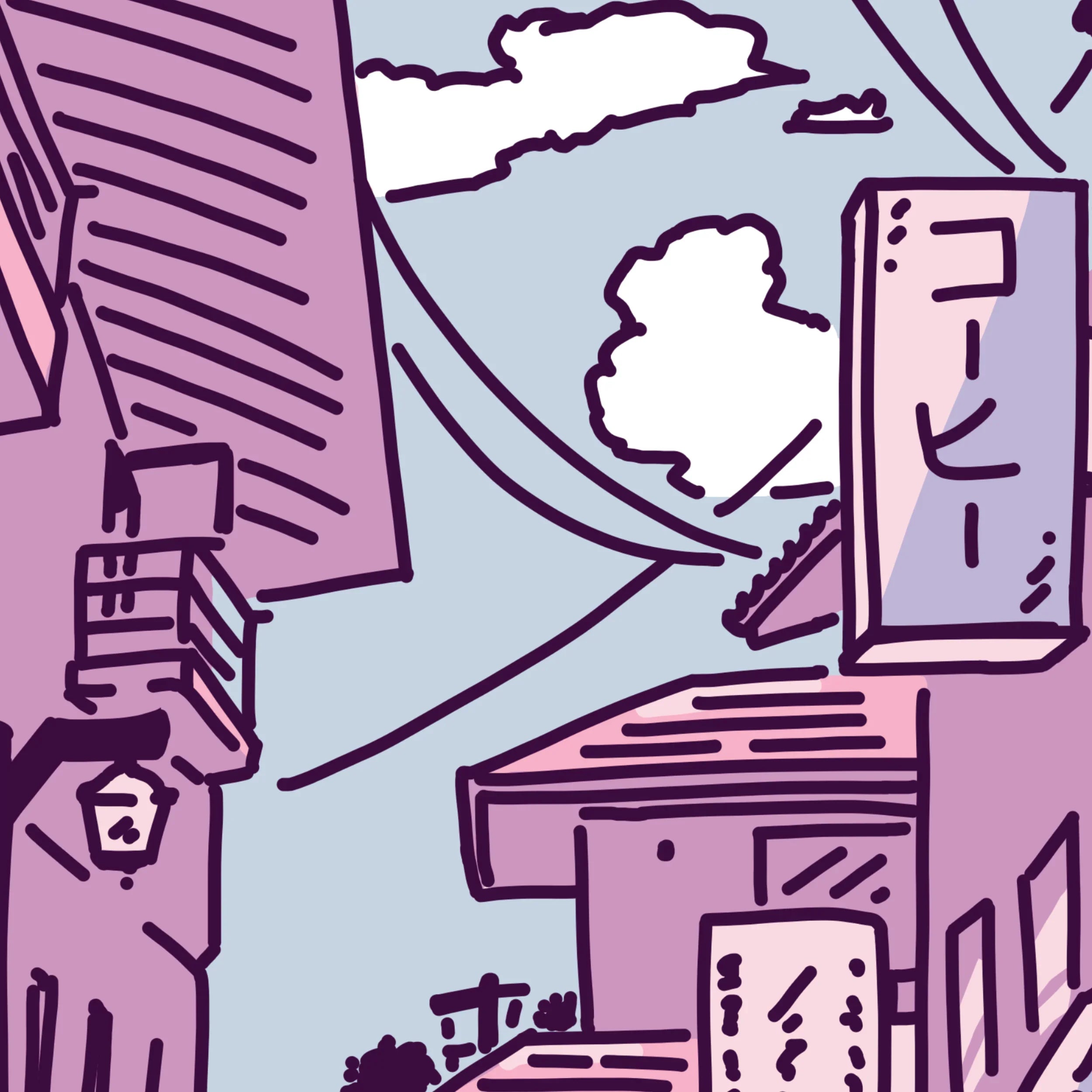 Illustration of a cityscape with buildings rendered in a purple and pink color scheme.