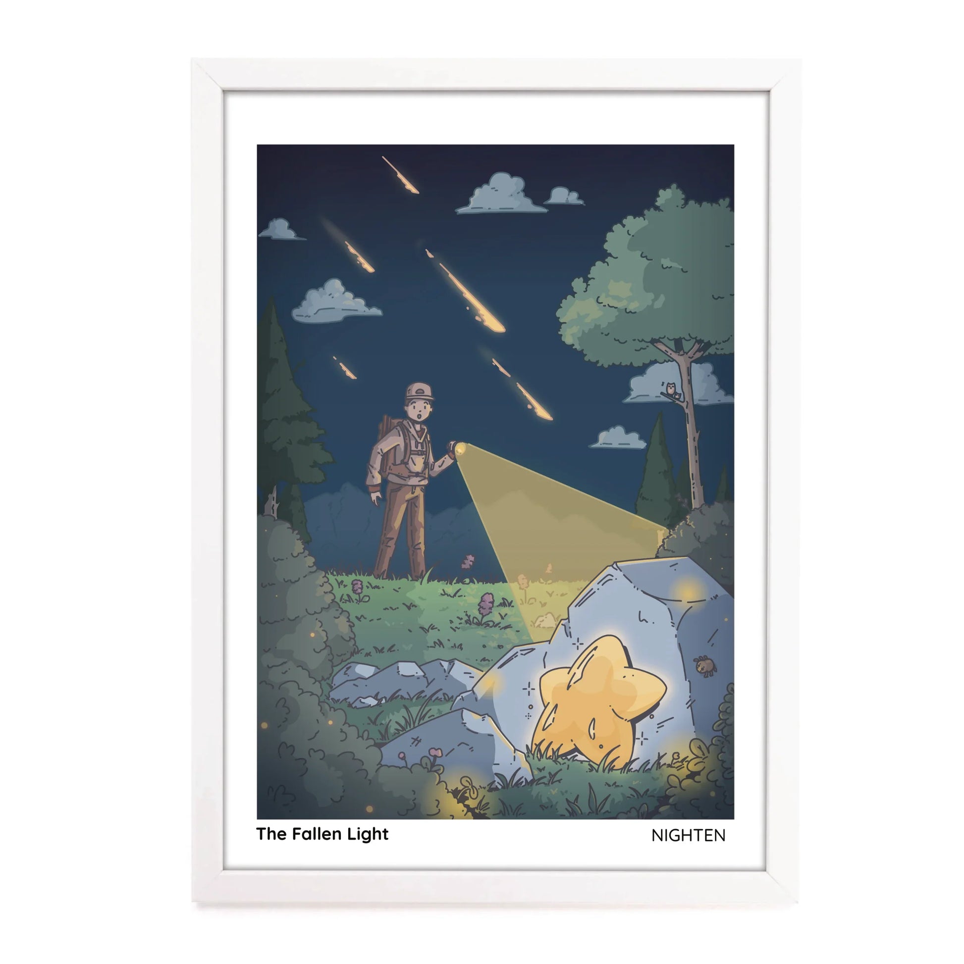 Illustration of a person with a flashlight pointing at a star with meteors in the sky.