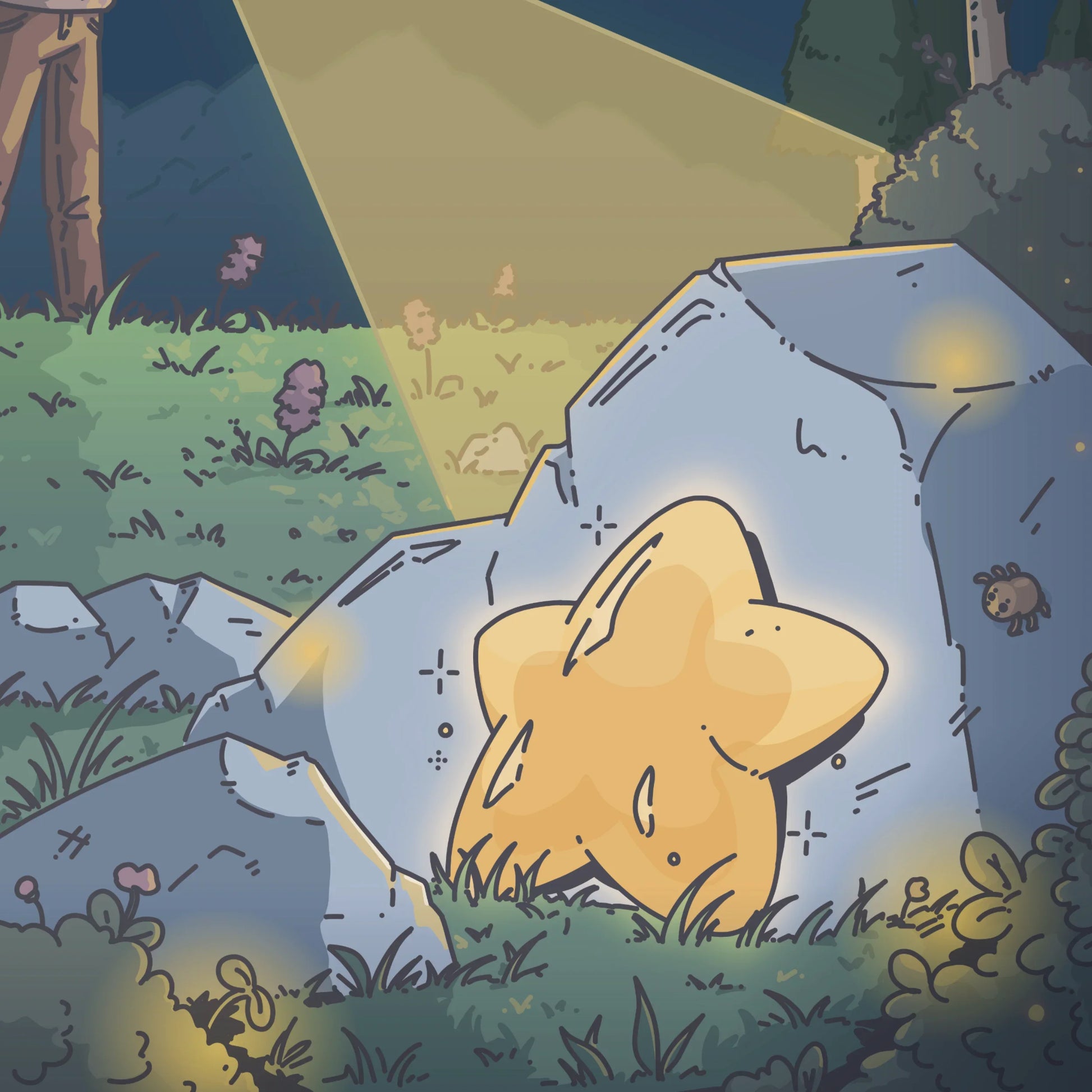 Cartoon star lying on grass with a flashlight beam shining on it